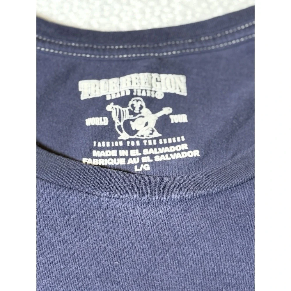 True Religion Blue Graphic T-Shirt‎ Size Large Buddha Guitar Tee